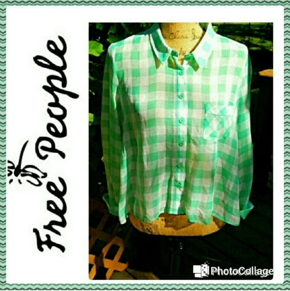 Free People Spring Green Check Crop Button Down Top - Picture 5 of 6